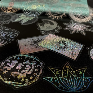 Holographic magic world PET stickers featuring sun, moon, and mystical butterfly motifs