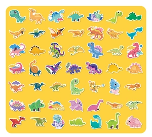 Detailoverzicht van 48 waterdichte cartoon dinosaurus stickers voor kinderbenodigdheden
