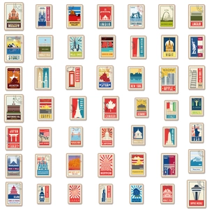 50 adesivi di monumenti mondiali in stile francobollo vintage con icone delle città