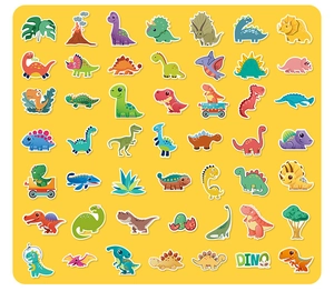 Platliggende weergave van kleurrijke waterdichte dinosaurusstickers met T-Rex en Triceratops