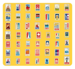 Vista piatta di un tappetino giallo con illustrazioni di francobolli vintage del mondo