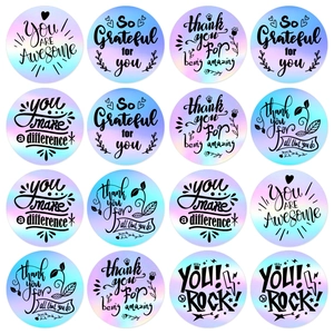 Roll of holographic laser round thank you stickers with shiny metallic gradient finish