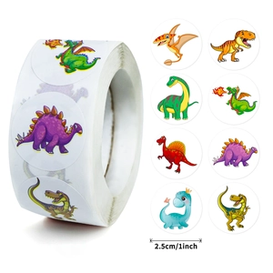 Roll of 500 cartoon dinosaur reward stickers, 1 inch round decals for kids stationery