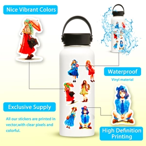 Waterproof vinyl stickers of trendy anime girls applied to a white water bottle detail