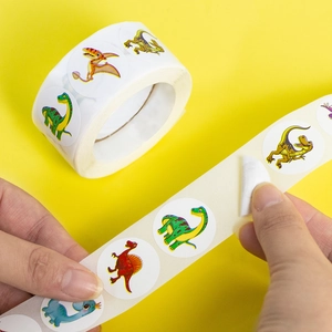 500-count cartoon dinosaur reward stickers roll with colorful hand-drawn patterns