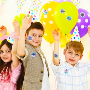 Children using round laser thank you stickers for party decoration and reward motivation