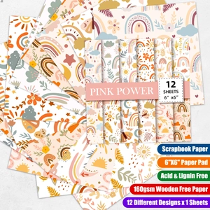 Detail of 12 boho rainbow scrapbook paper sheets with 160gsm acid-free material textures