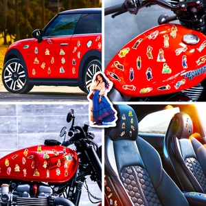 Close-up of decorative fashion girl stickers applied to motorcycles and car interiors