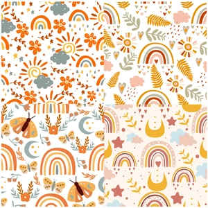 12-pack Boho rainbow floral craft paper with hand-drawn sun, moon, and nature patterns