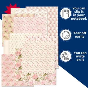Detail of pink rose pattern scrapbooking paper showing tear-off and writable features