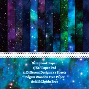 Detail of 6x6 inch 160gsm galaxy scrapbook paper showing 12 designs of starry sky patterns