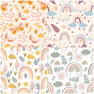 Detail of four BOHO style seamless floral and rainbow patterns for scrapbooking and crafts