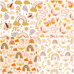 12-pack Boho rainbow floral scrapbook paper featuring hand-drawn sun and butterfly patterns