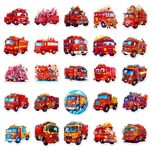 Set of 50 cartoon fire truck stickers for kids featuring various red emergency vehicle designs