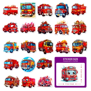 Detail of 18 cartoon fire truck stickers showcasing vivid red designs and 2-inch sizes
