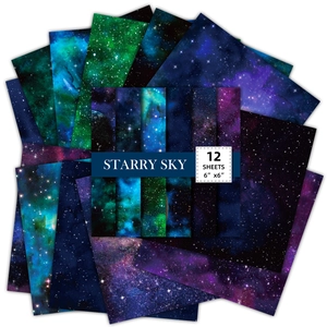 12-pack of 6x6 inch galaxy-themed scrapbooking paper with colorful starry sky designs
