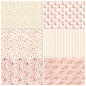 Detailed grid of vintage pink rose scrapbook paper with damask and floral patterns
