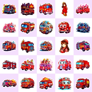 Detailed grid showing cartoon fire truck stickers and firefighter characters for kids