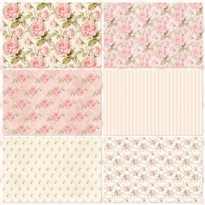 Detail of pink rose patterns and vintage floral scrapbooking paper designs in a grid