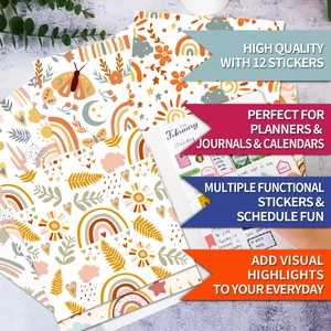 Detailed view of boho rainbow and botanical stickers for scrapbooking in 12 sheets