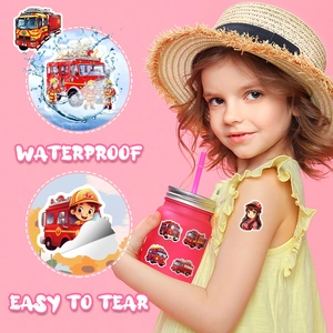 Waterproof cartoon fire truck stickers showing easy application on skin and water bottles