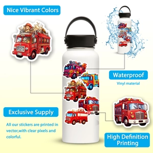 Detail of waterproof vinyl fire truck stickers on a bottle showing high definition printing
