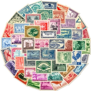 Macro view of vintage world stamp stickers with creative retro travel postage motifs