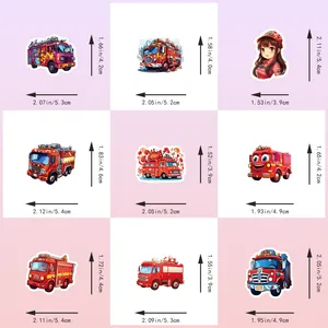 Size guide for fire truck stickers showing dimensions of nine unique cartoon patterns