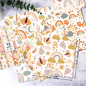 Detailed 6x6 inch BOHO scrapbook paper set showing rainbow and floral patterns