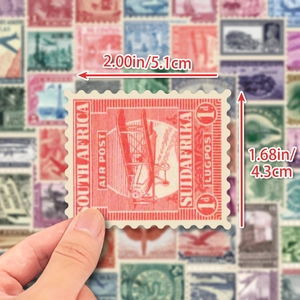 Macro shot of a South African vintage stamp sticker showing dimensions with fingers