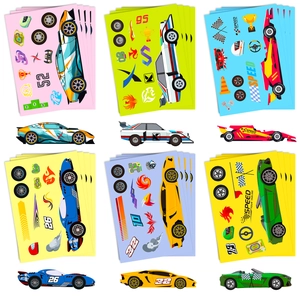 Detail view of 6 DIY racing car sticker sheets with diverse styles and race track elements