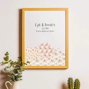 Customized wooden frame wall art featuring pink floral mountain art and couple names