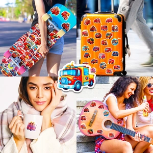 Cartoon fire truck stickers applied on skateboard, luggage, mug and guitar surfaces