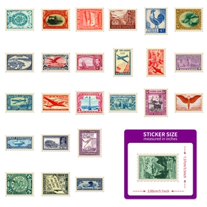 Vintage stamp stickers set featuring retro travel designs with clear size measurements