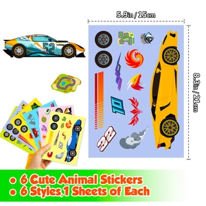 Detail of 6-pack DIY racing car stickers for kids with 15x21cm dimensions and 6 styles