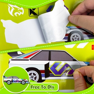 Detail showing the DIY application process of waterproof racing car stickers for kids