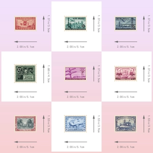 Detailed dimensions of vintage stamp stickers with varied themes and sizes on grid background