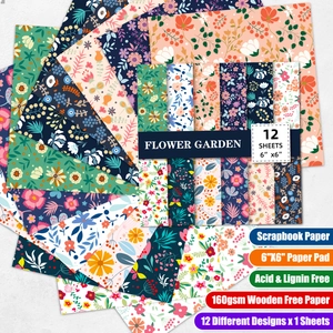 Close-up of 6x6 inch flower garden scrapbook paper set featuring 12 floral patterns