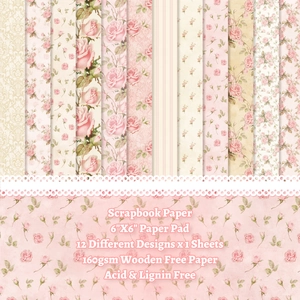 12-pack 6x6 inch pink rose vintage scrapbook paper floral pattern background sheets