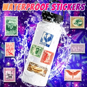 Waterproof vintage stamp stickers on a white water bottle with creative water splash