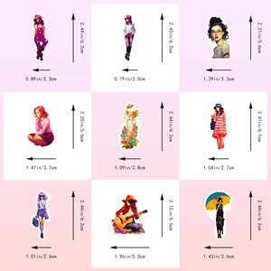 Detailed size guide showing dimensions of nine cute waterproof PVC girl stickers