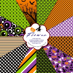 Macro detail of 6x6 inch Halloween scrapbook paper pad featuring diverse festive patterns