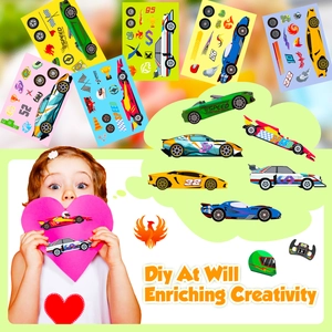 Racing car DIY stickers for kids with multiple vehicle designs and decorative elements