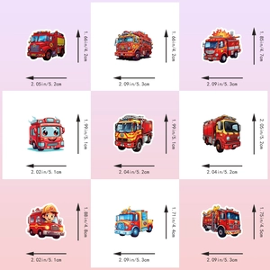 50pcs cartoon fire truck stickers set with detailed size dimensions for kids DIY crafts