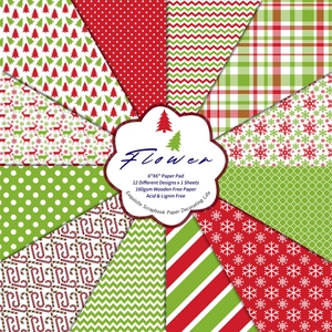Radial display of 6x6 inch 160gsm Christmas scrapbooking paper with 12 festive patterns