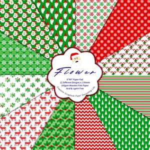 Macro detail of 6x6 inch Christmas scrapbook paper set with 12 festive holiday patterns