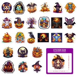 Matrix display of 21 unique Halloween sticker designs showing spooky pumpkins and bats