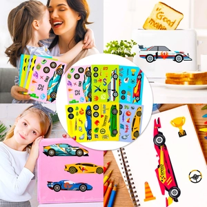DIY racing car stickers showing application on a toaster, notebook and storage box