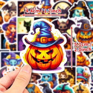Cartoon Halloween pumpkin sticker with blue wizard hat for seasonal party decorations