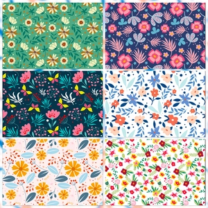 Macro detail of six vintage floral patterns for DIY scrapbooking and background paper
